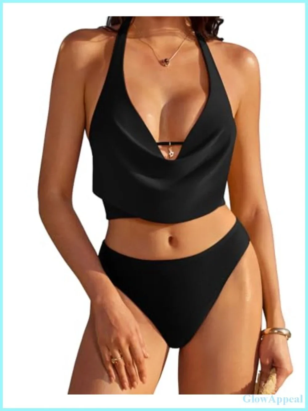 Sexy Halter Cowl Neck Bikini Set with Adjustable Straps and Zipper Detail